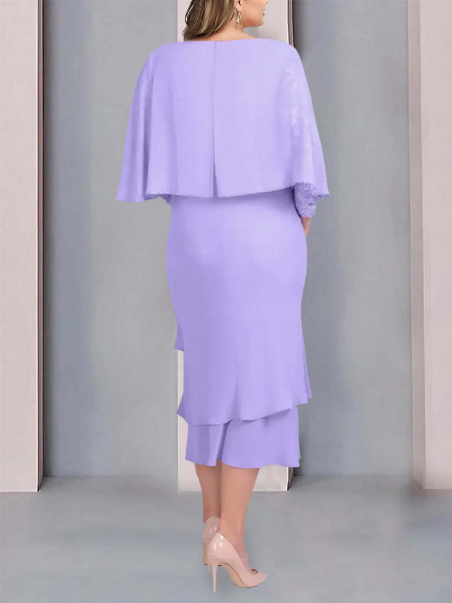 Tea-Length Mother of the Bride Dress with Scoop Neck Short Sleeves and Appliqued Lace