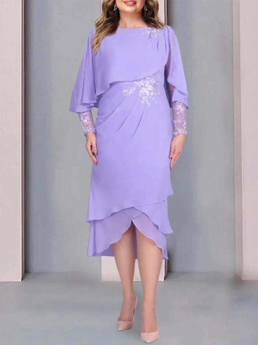 Tea-Length Mother of the Bride Dress with Scoop Neck Short Sleeves and Appliqued Lace