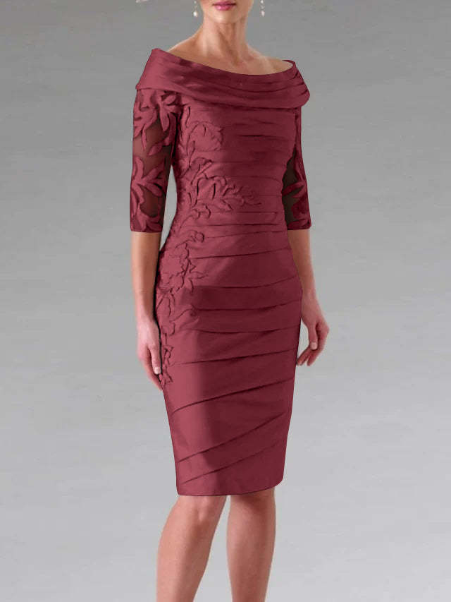 Half-Sleeve Knee-Length Sheath/Column Mother of the Bride Dress with Ruching and Appliques