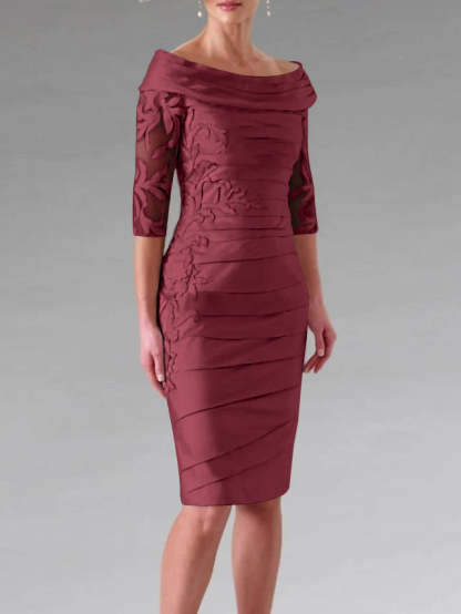 Half-Sleeve Knee-Length Sheath/Column Mother of the Bride Dress with Ruching and Appliques