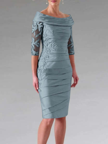 Half-Sleeve Knee-Length Sheath/Column Mother of the Bride Dress with Ruching and Appliques
