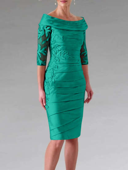 Half-Sleeve Knee-Length Sheath/Column Mother of the Bride Dress with Ruching and Appliques