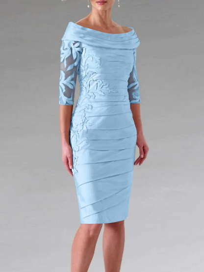 Half-Sleeve Knee-Length Sheath/Column Mother of the Bride Dress with Ruching and Appliques