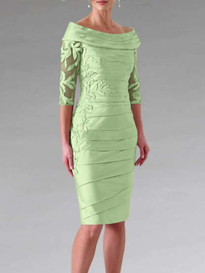 Half-Sleeve Knee-Length Sheath/Column Mother of the Bride Dress with Ruching and Appliques