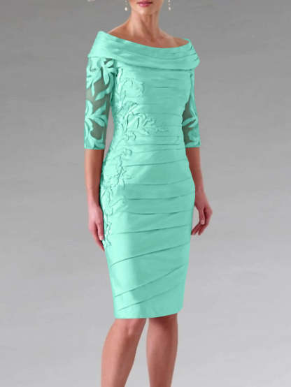 Half-Sleeve Knee-Length Sheath/Column Mother of the Bride Dress with Ruching and Appliques