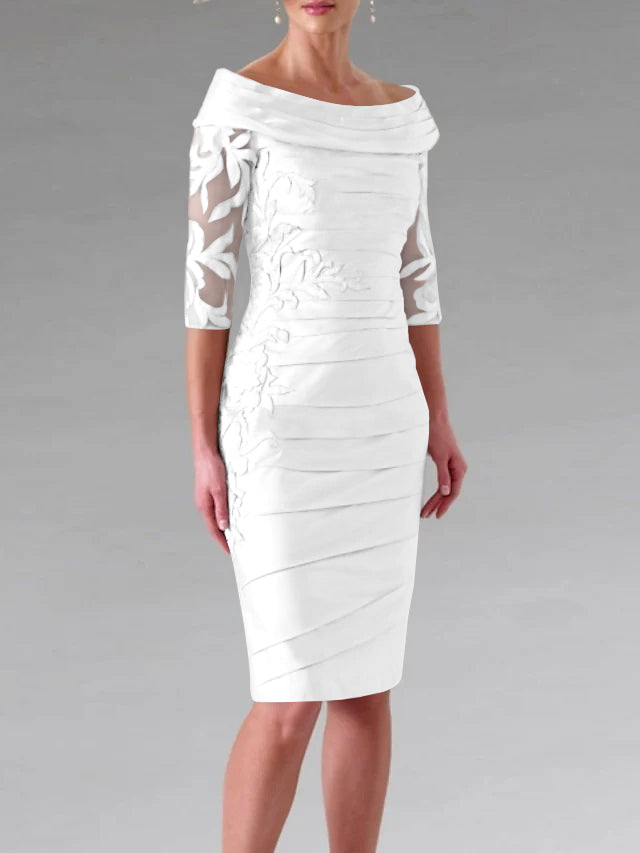 Half-Sleeve Knee-Length Sheath/Column Mother of the Bride Dress with Ruching and Appliques