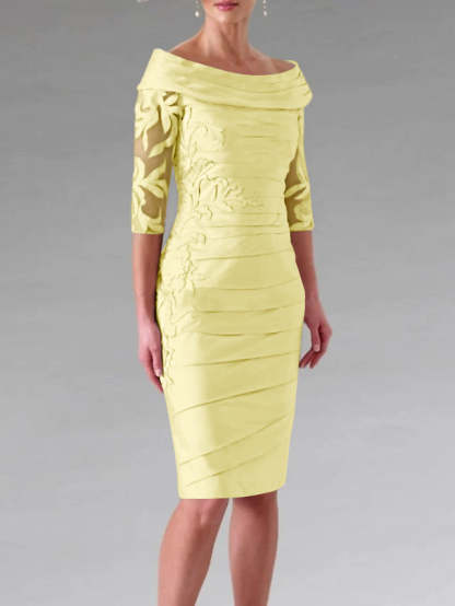 Half-Sleeve Knee-Length Sheath/Column Mother of the Bride Dress with Ruching and Appliques