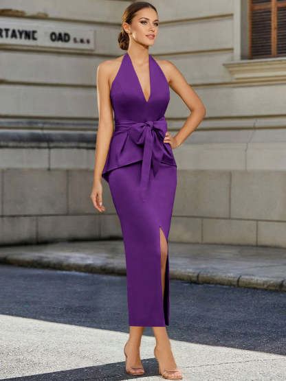 Tea-Length Sleeveless Halter Mother of the Bride Dress with Bowknot