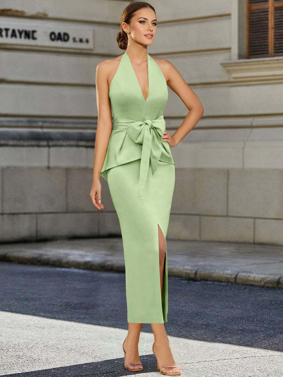 Tea-Length Sleeveless Halter Mother of the Bride Dress with Bowknot