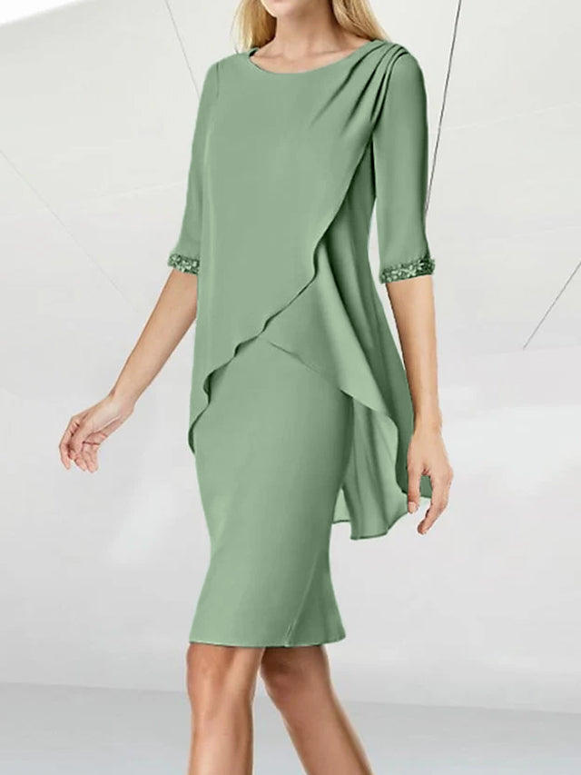 Knee-Length Beaded Sheath Dress with Ruching for the Mother of the Bride