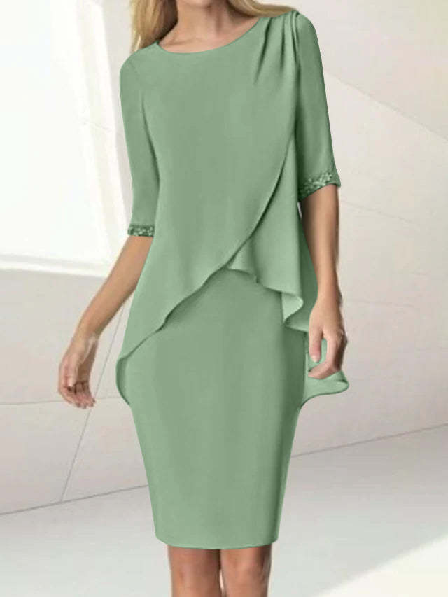 Knee-Length Beaded Sheath Dress with Ruching for the Mother of the Bride