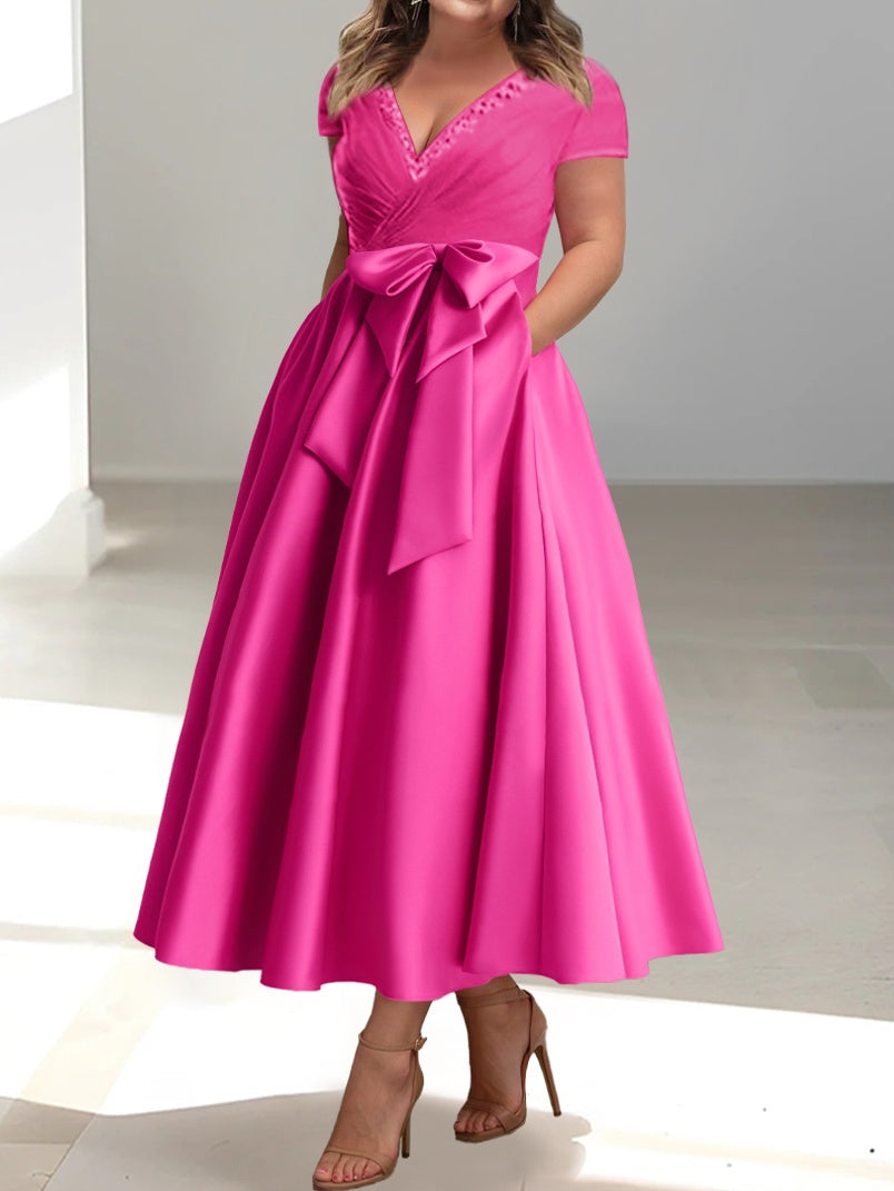 V-Neck A-Line Princess Short-Sleeve Ankle-Length Mother of the Bride Dress with Pockets and Ruffles