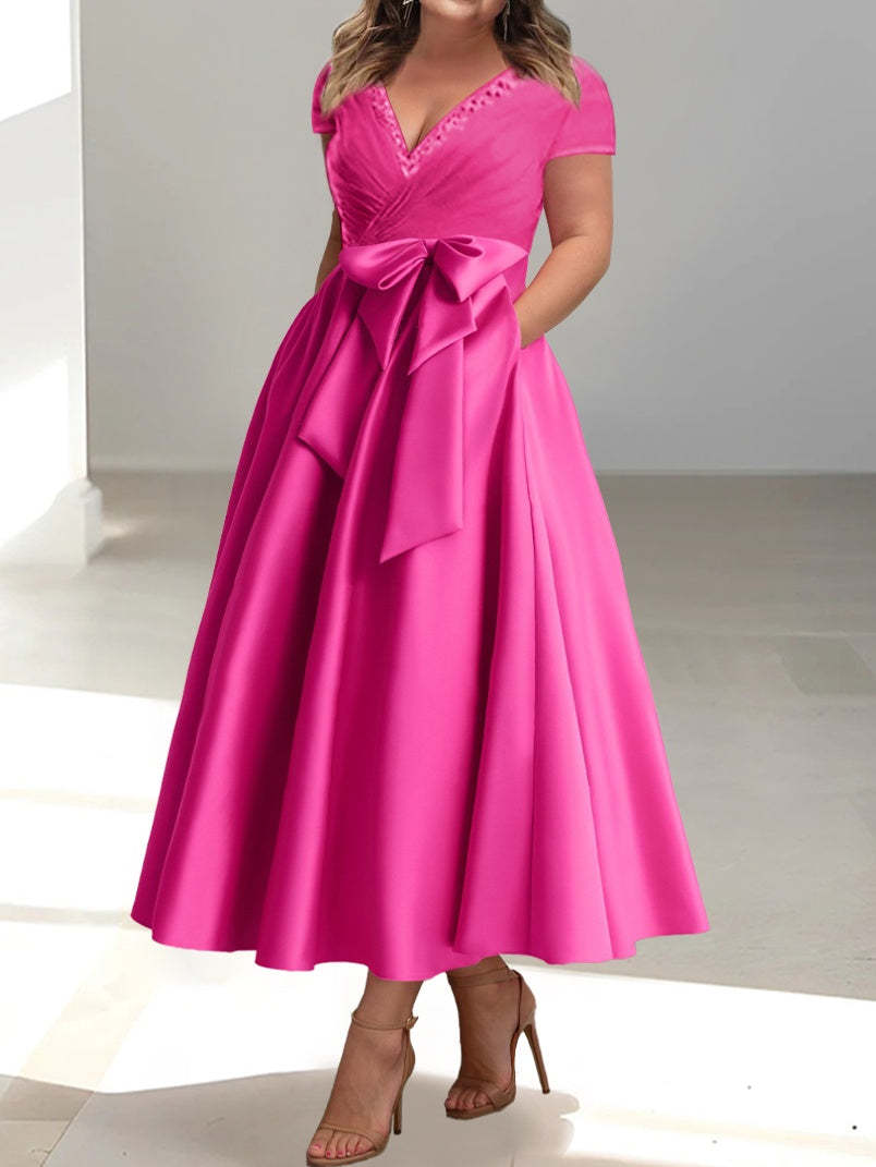 V-Neck A-Line Princess Short-Sleeve Ankle-Length Mother of the Bride Dress with Pockets and Ruffles