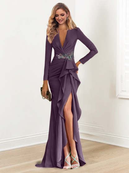 V-Neck Floor-Length Crepe Beaded Mother of the Bride Sheath Dress