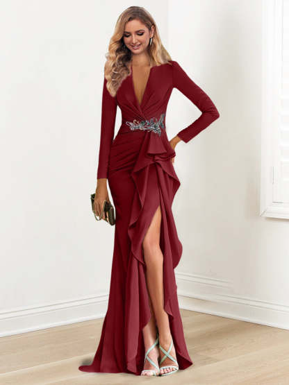 V-Neck Floor-Length Crepe Beaded Mother of the Bride Sheath Dress