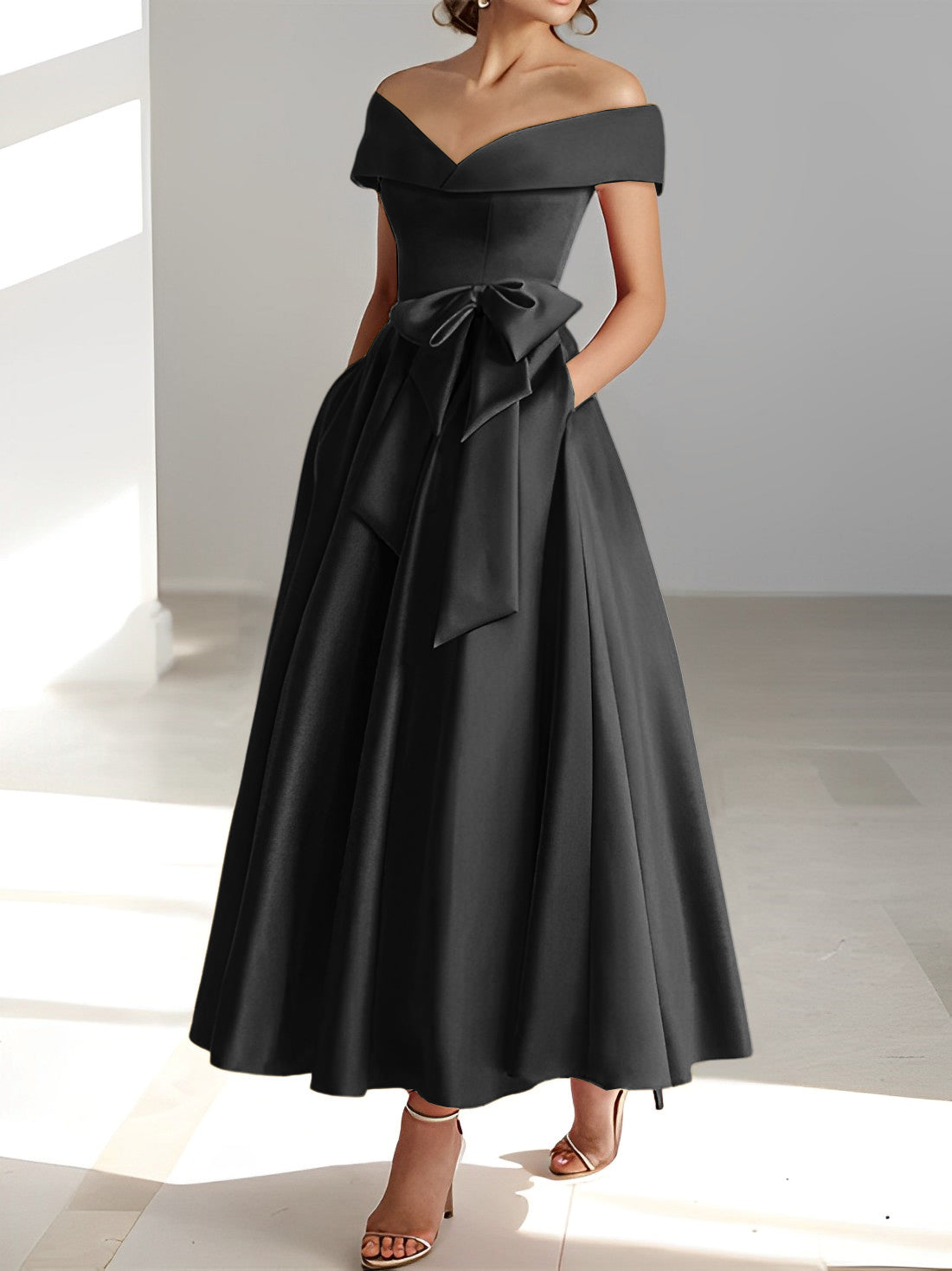 Princess A-Line Sleeveless Off-the-Shoulder Mother of the Bride Dress with Pockets Ankle-Length
