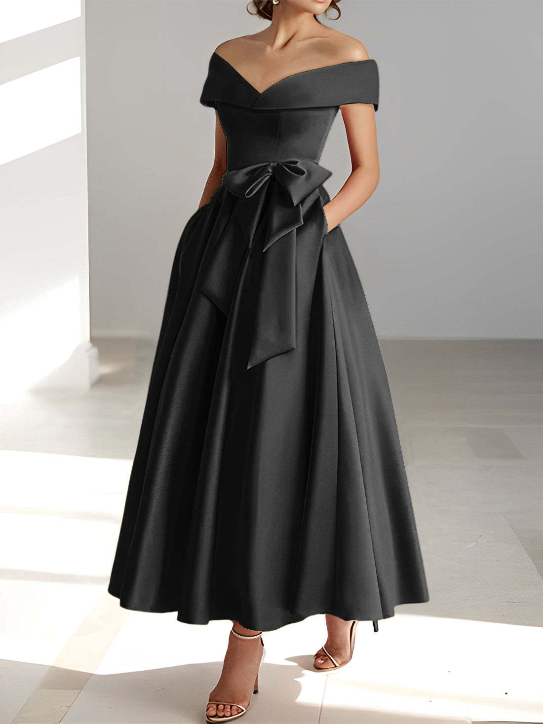 Princess A-Line Sleeveless Off-the-Shoulder Mother of the Bride Dress with Pockets Ankle-Length