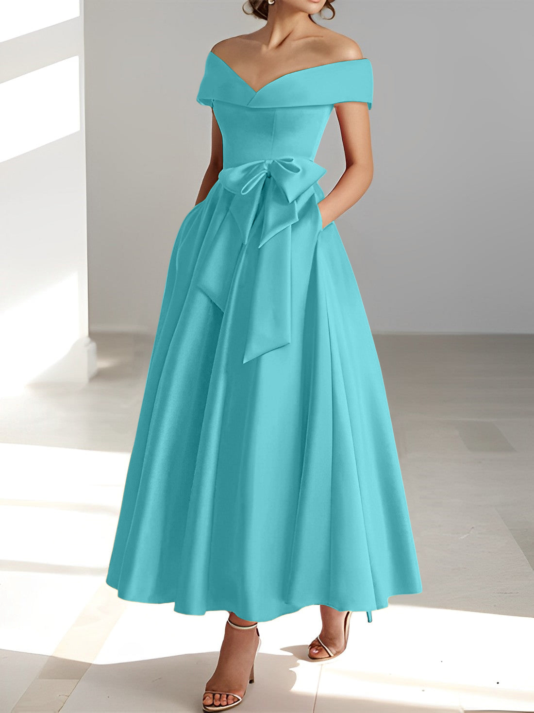 Princess A-Line Sleeveless Off-the-Shoulder Mother of the Bride Dress with Pockets Ankle-Length