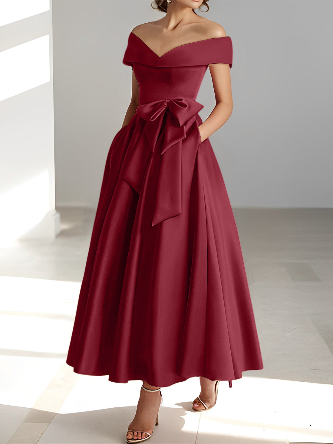 Princess A-Line Sleeveless Off-the-Shoulder Mother of the Bride Dress with Pockets Ankle-Length