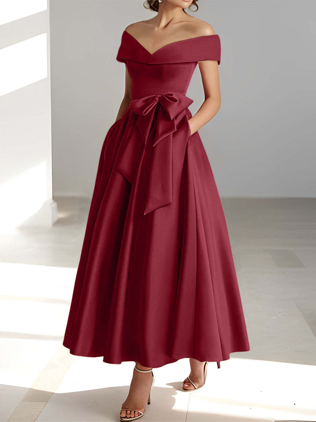 Princess A-Line Sleeveless Off-the-Shoulder Mother of the Bride Dress with Pockets Ankle-Length