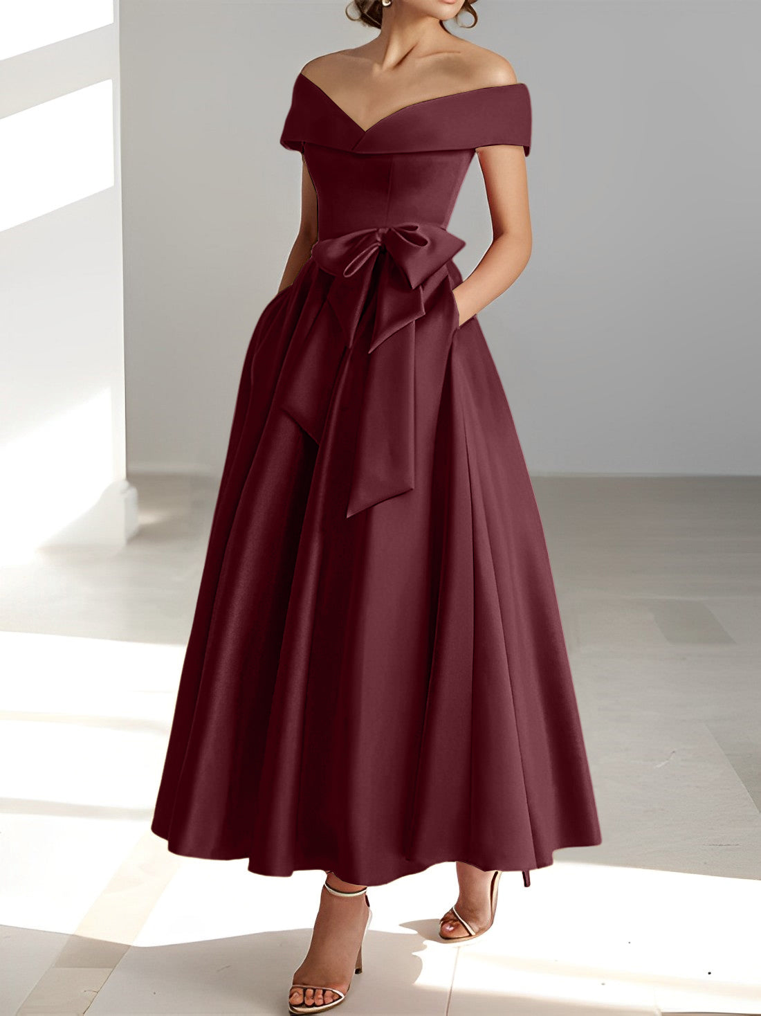 Princess A-Line Sleeveless Off-the-Shoulder Mother of the Bride Dress with Pockets Ankle-Length