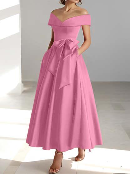 Princess A-Line Sleeveless Off-the-Shoulder Mother of the Bride Dress with Pockets Ankle-Length