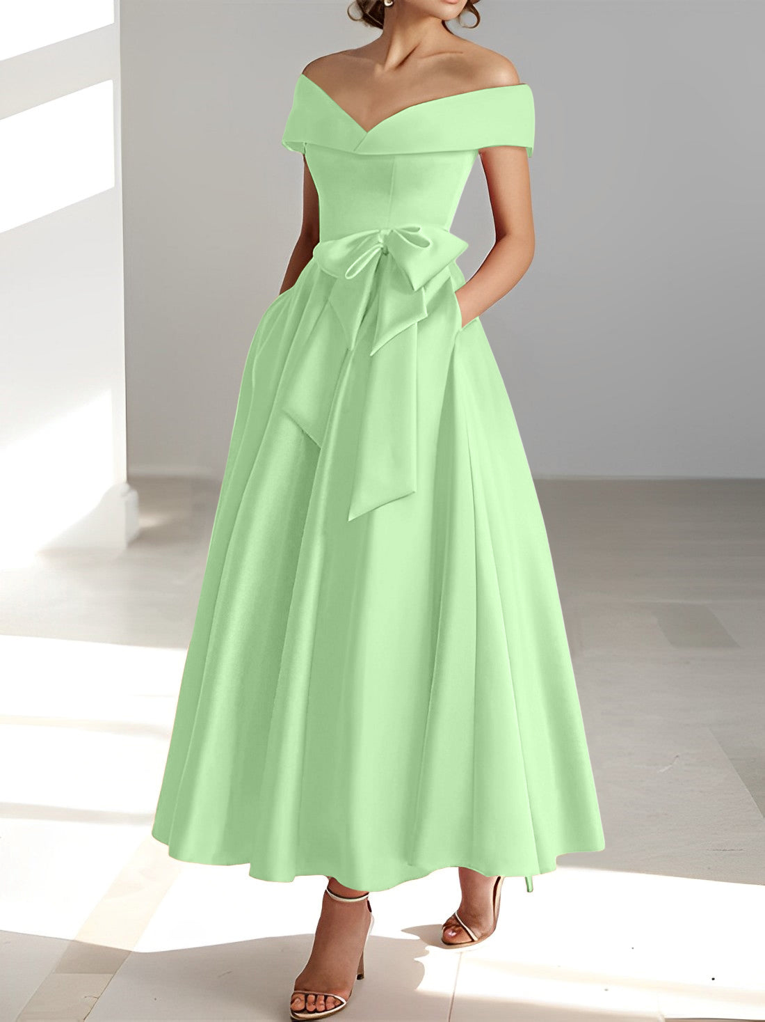 Princess A-Line Sleeveless Off-the-Shoulder Mother of the Bride Dress with Pockets Ankle-Length