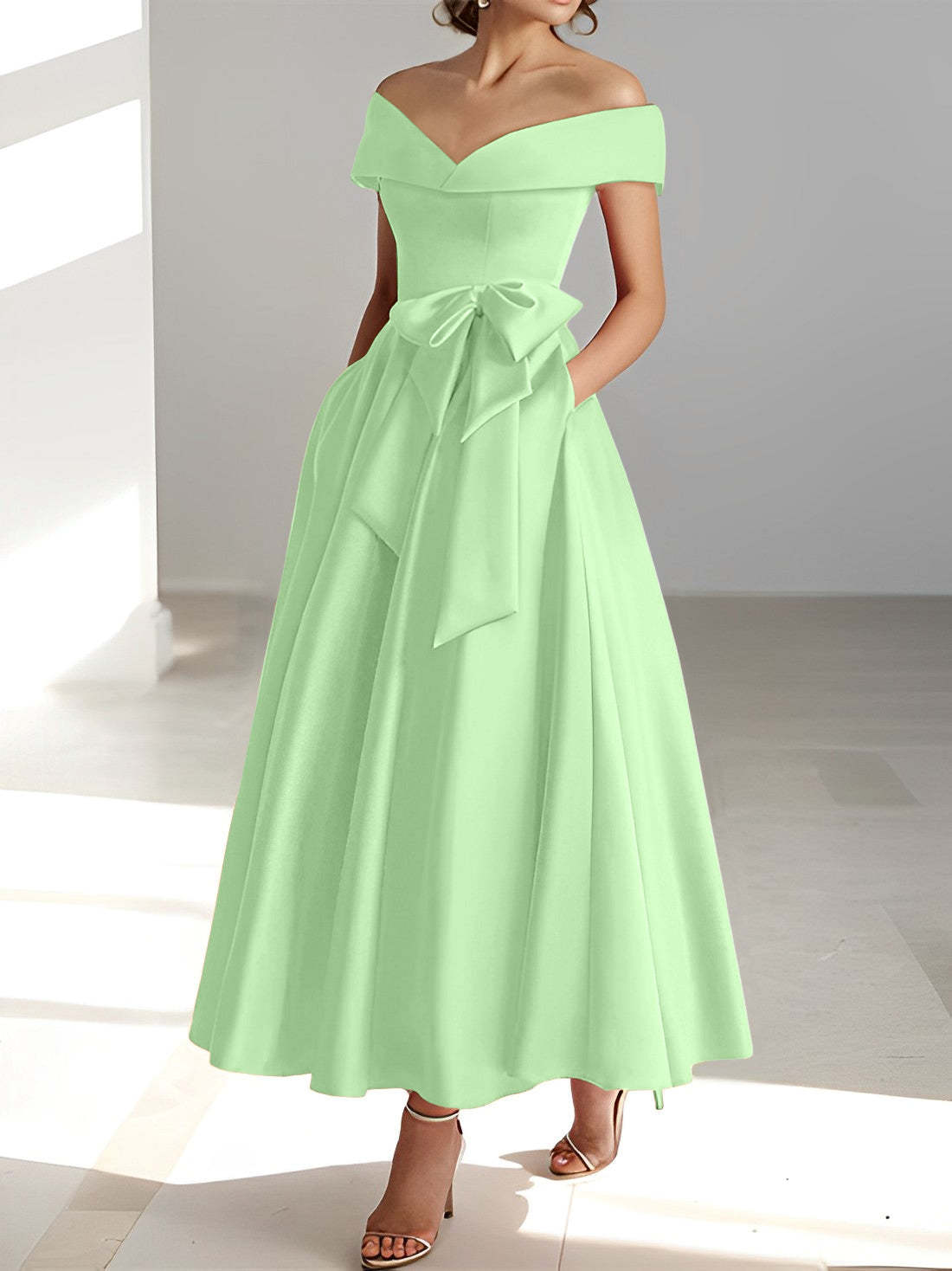 Princess A-Line Sleeveless Off-the-Shoulder Mother of the Bride Dress with Pockets Ankle-Length