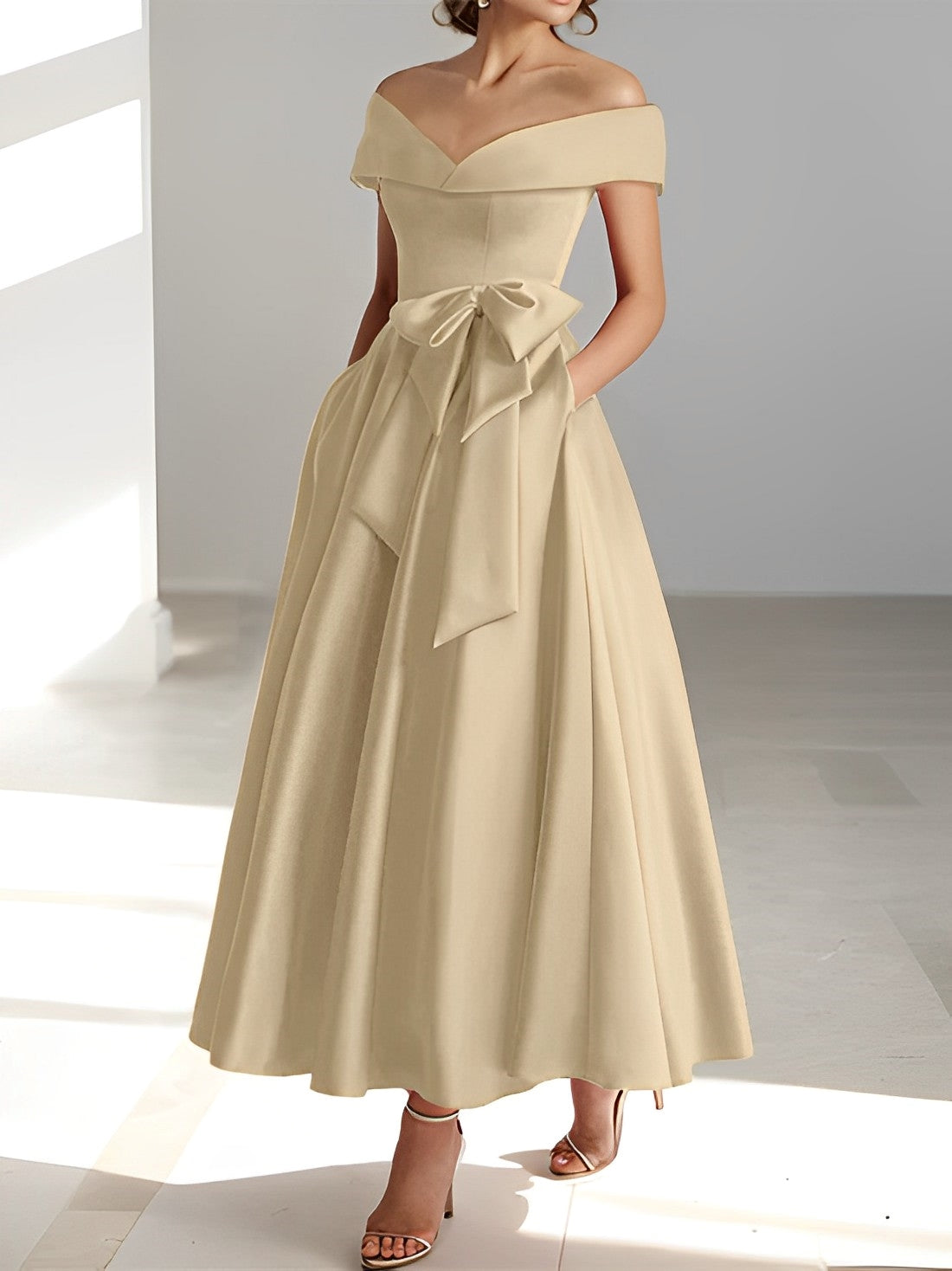 Princess A-Line Sleeveless Off-the-Shoulder Mother of the Bride Dress with Pockets Ankle-Length