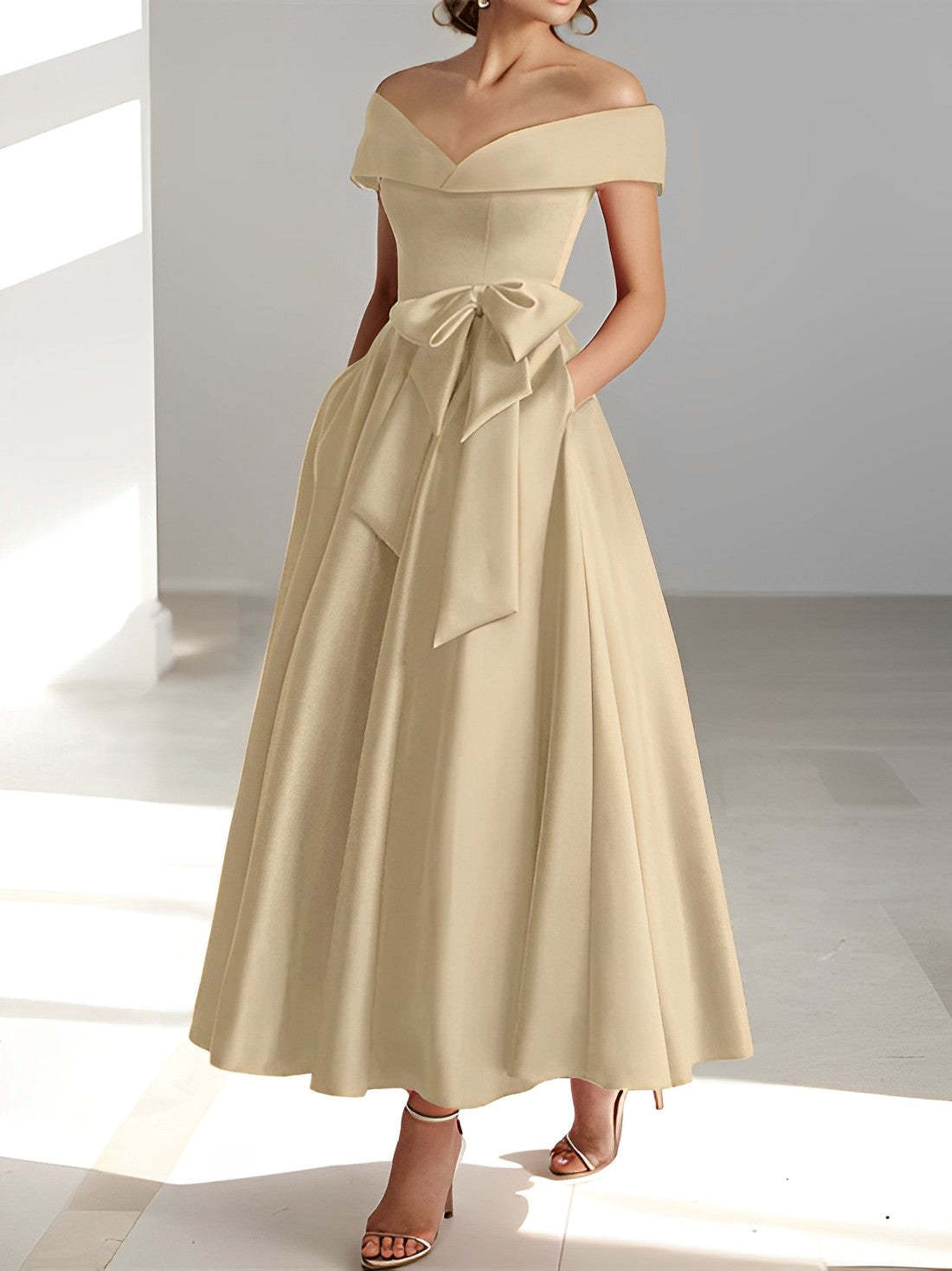 Princess A-Line Sleeveless Off-the-Shoulder Mother of the Bride Dress with Pockets Ankle-Length