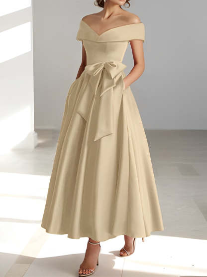 Princess A-Line Sleeveless Off-the-Shoulder Mother of the Bride Dress with Pockets Ankle-Length