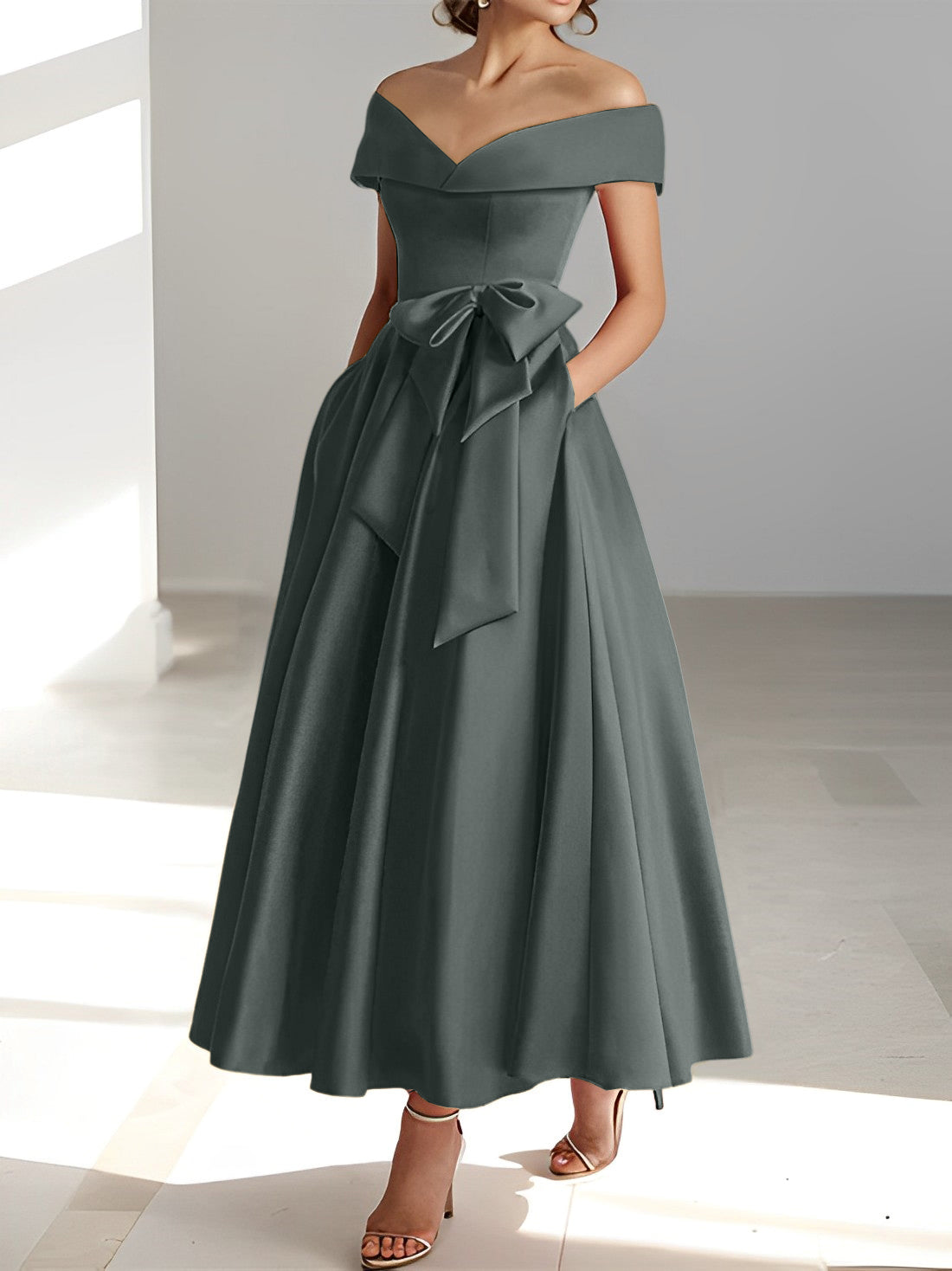 Princess A-Line Sleeveless Off-the-Shoulder Mother of the Bride Dress with Pockets Ankle-Length
