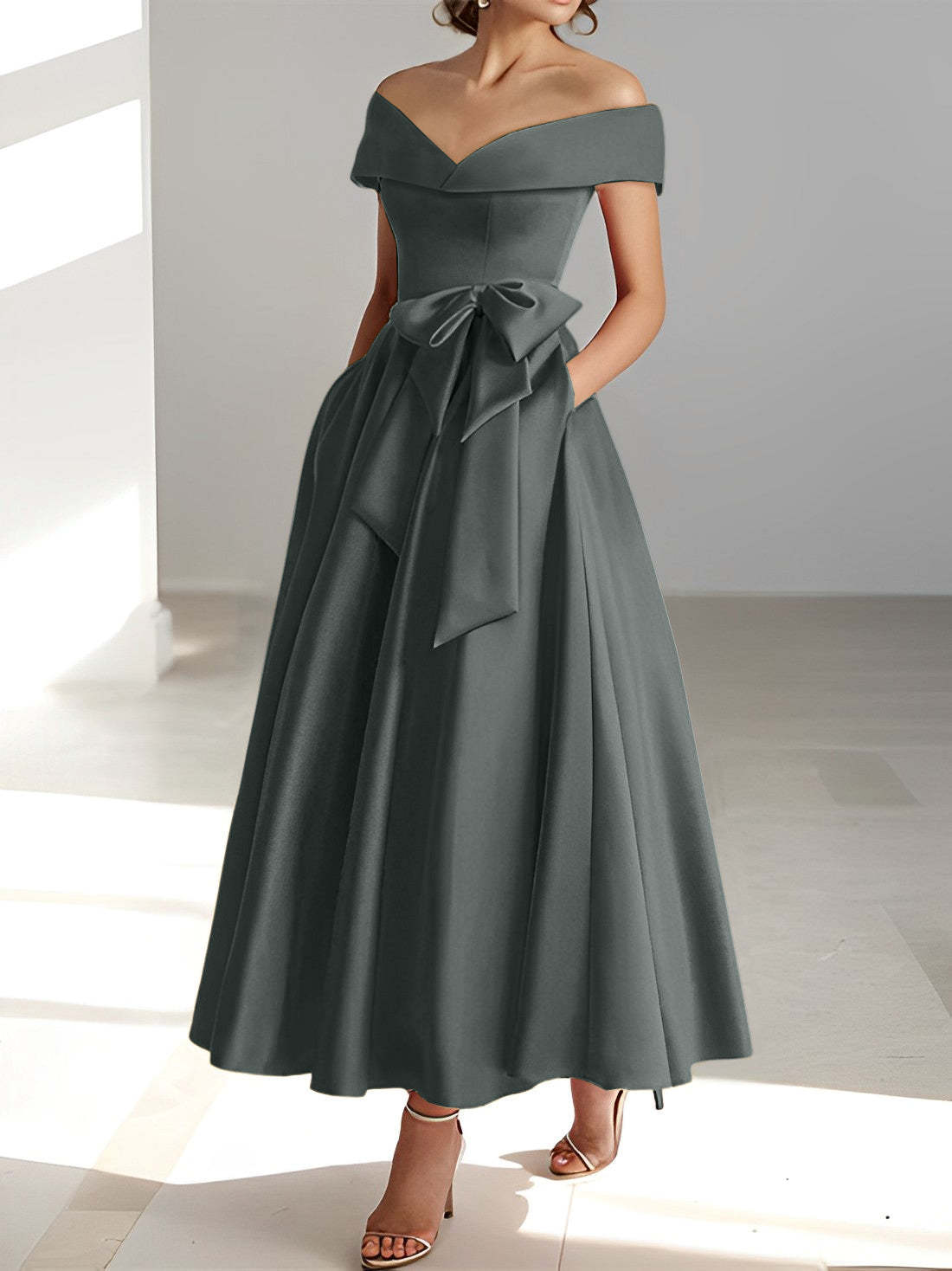Princess A-Line Sleeveless Off-the-Shoulder Mother of the Bride Dress with Pockets Ankle-Length