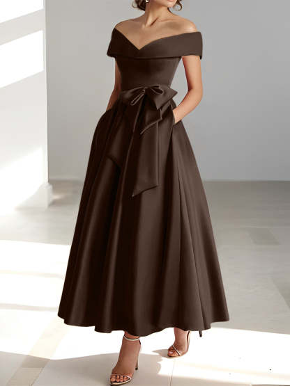 Princess A-Line Sleeveless Off-the-Shoulder Mother of the Bride Dress with Pockets Ankle-Length