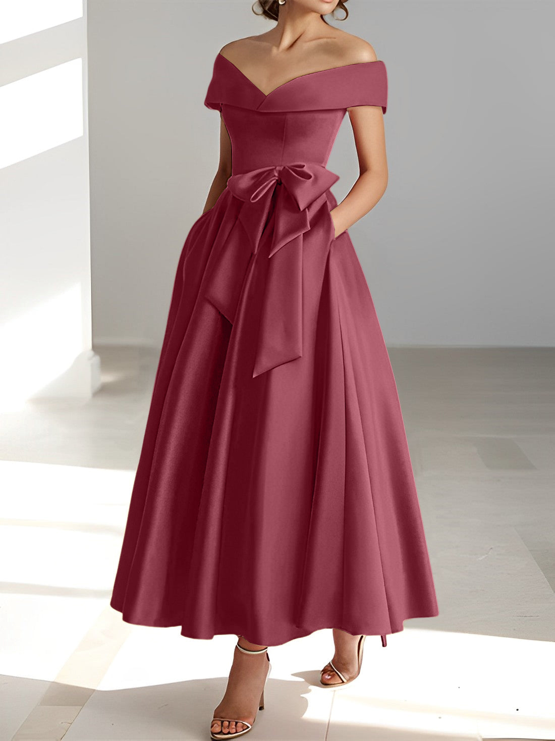 Princess A-Line Sleeveless Off-the-Shoulder Mother of the Bride Dress with Pockets Ankle-Length