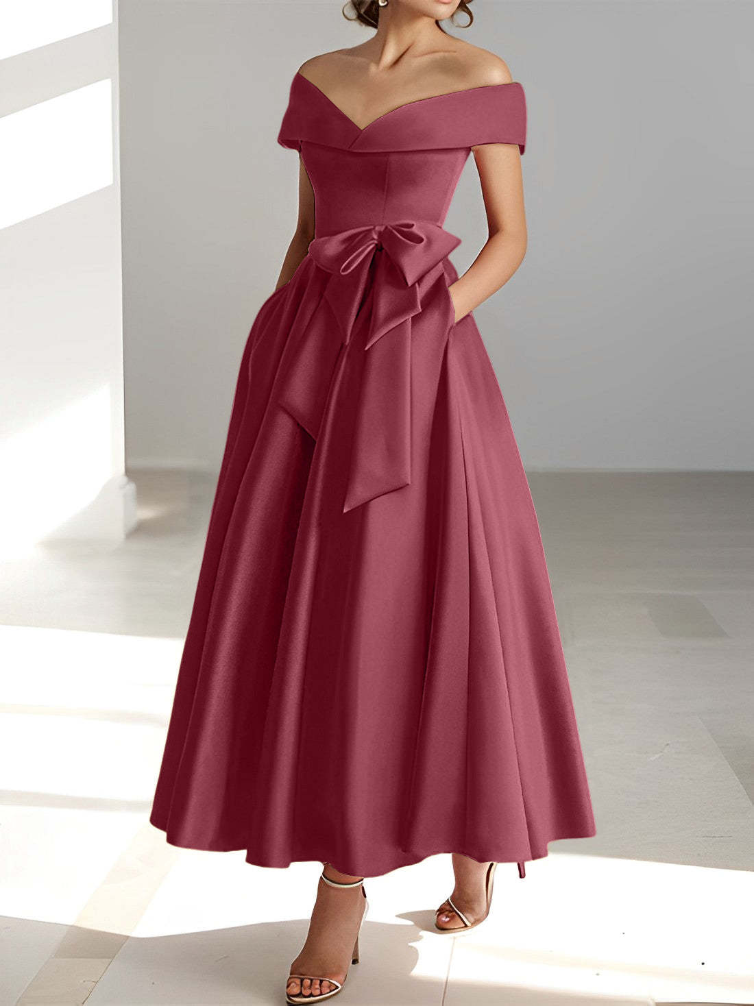 Princess A-Line Sleeveless Off-the-Shoulder Mother of the Bride Dress with Pockets Ankle-Length