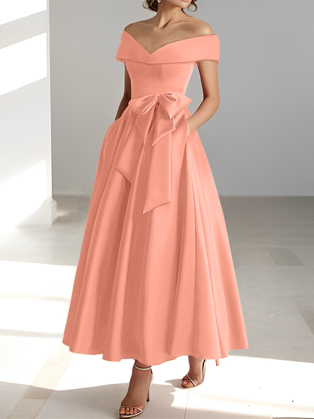 Princess A-Line Sleeveless Off-the-Shoulder Mother of the Bride Dress with Pockets Ankle-Length