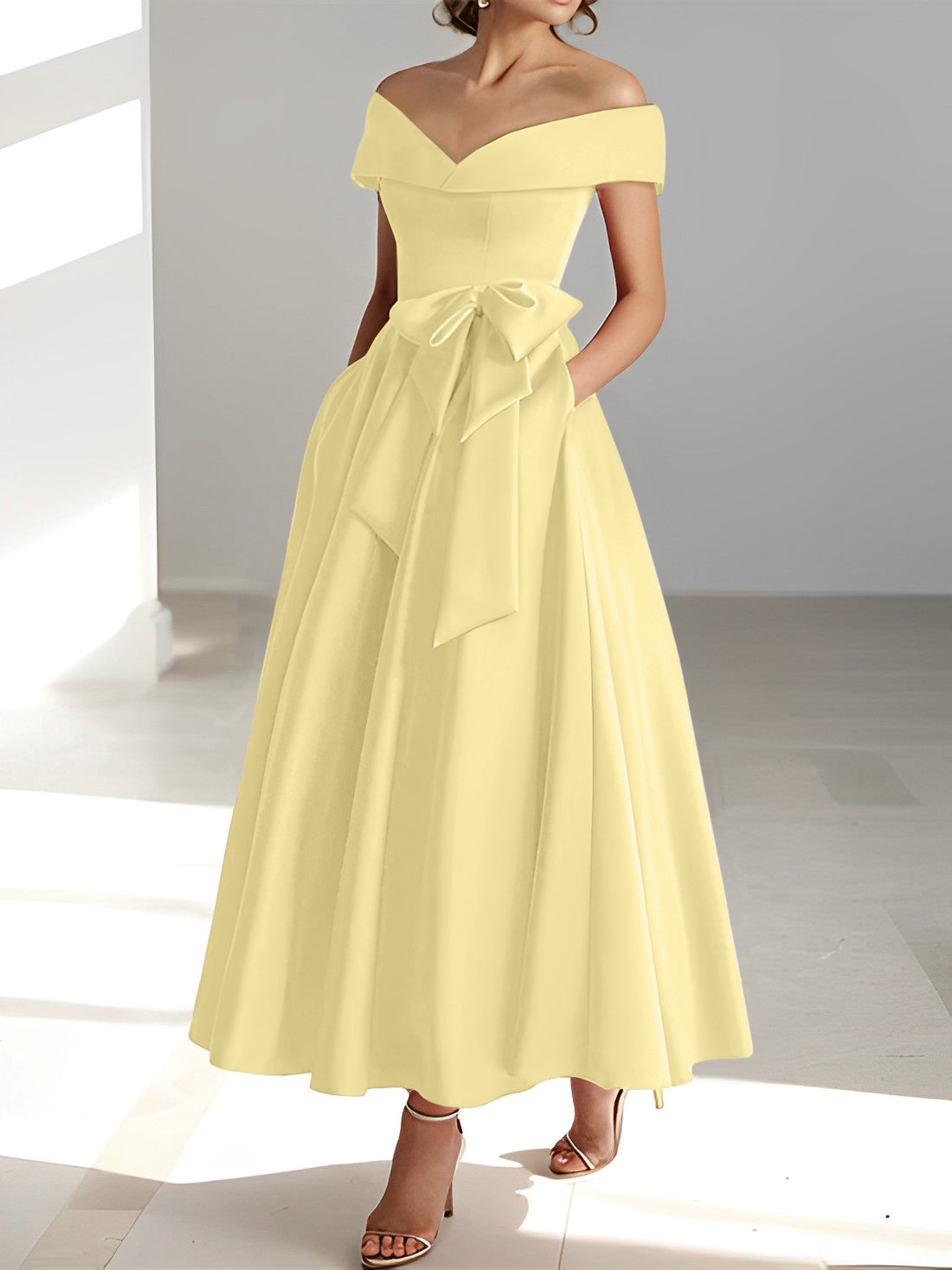 Princess A-Line Sleeveless Off-the-Shoulder Mother of the Bride Dress with Pockets Ankle-Length