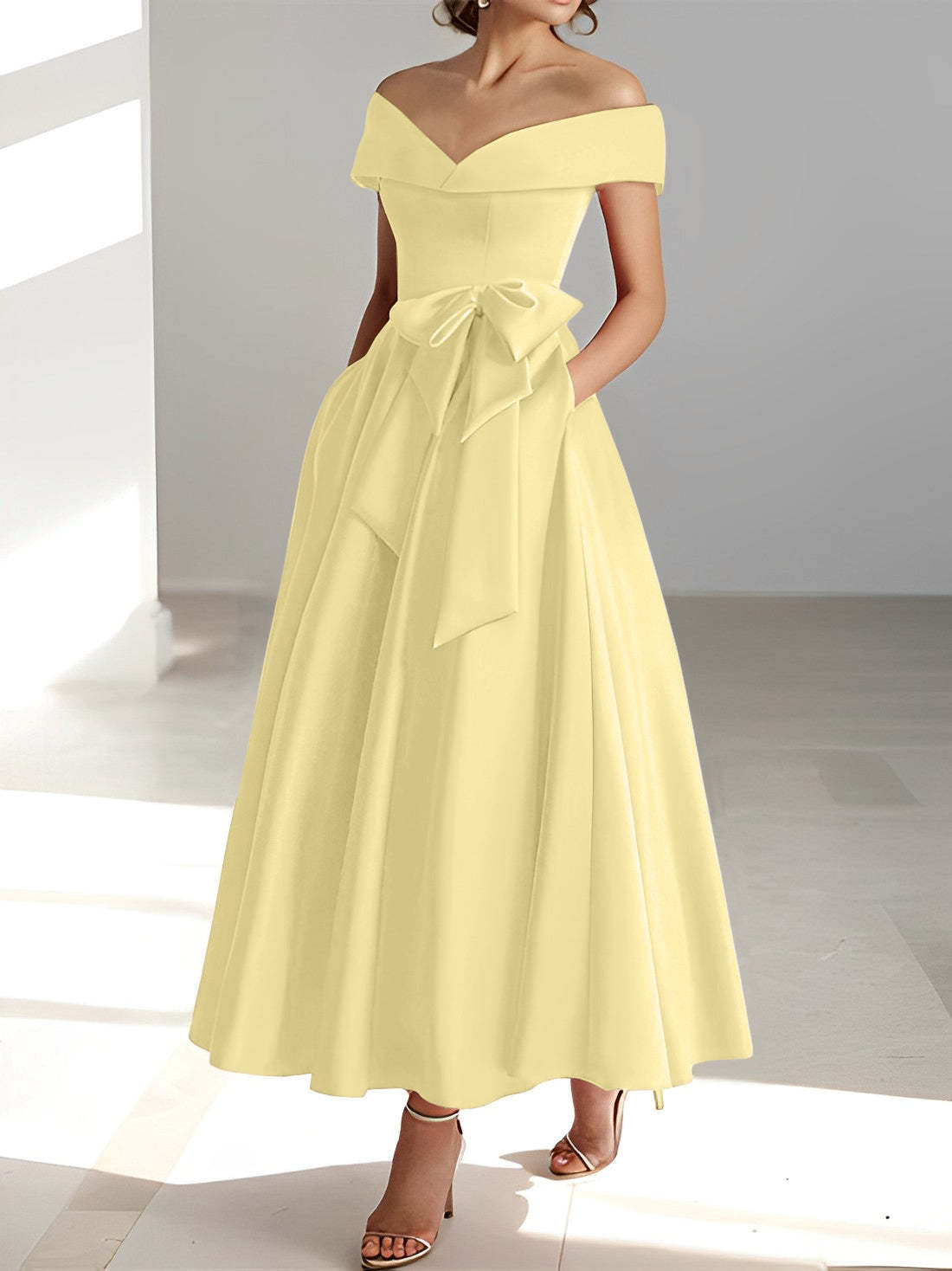 Princess A-Line Sleeveless Off-the-Shoulder Mother of the Bride Dress with Pockets Ankle-Length