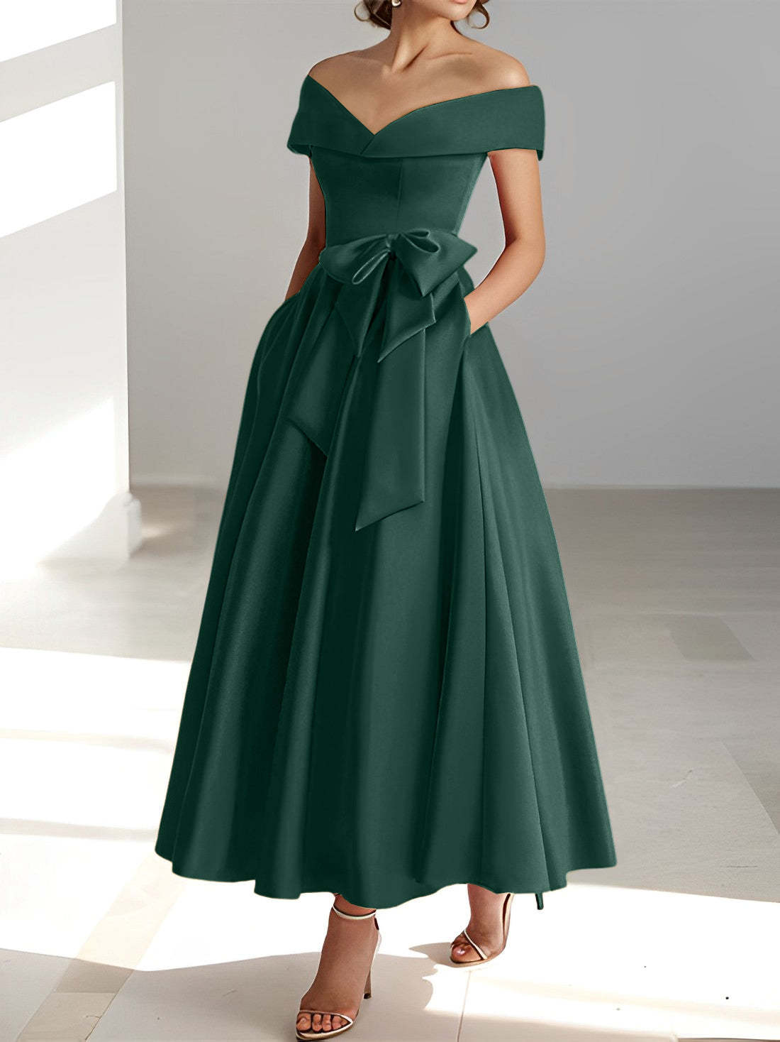 Princess A-Line Sleeveless Off-the-Shoulder Mother of the Bride Dress with Pockets Ankle-Length