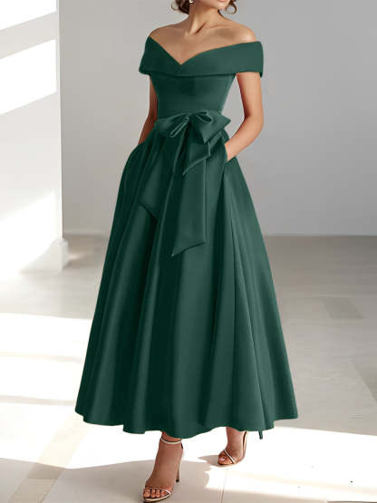 Princess A-Line Sleeveless Off-the-Shoulder Mother of the Bride Dress with Pockets Ankle-Length