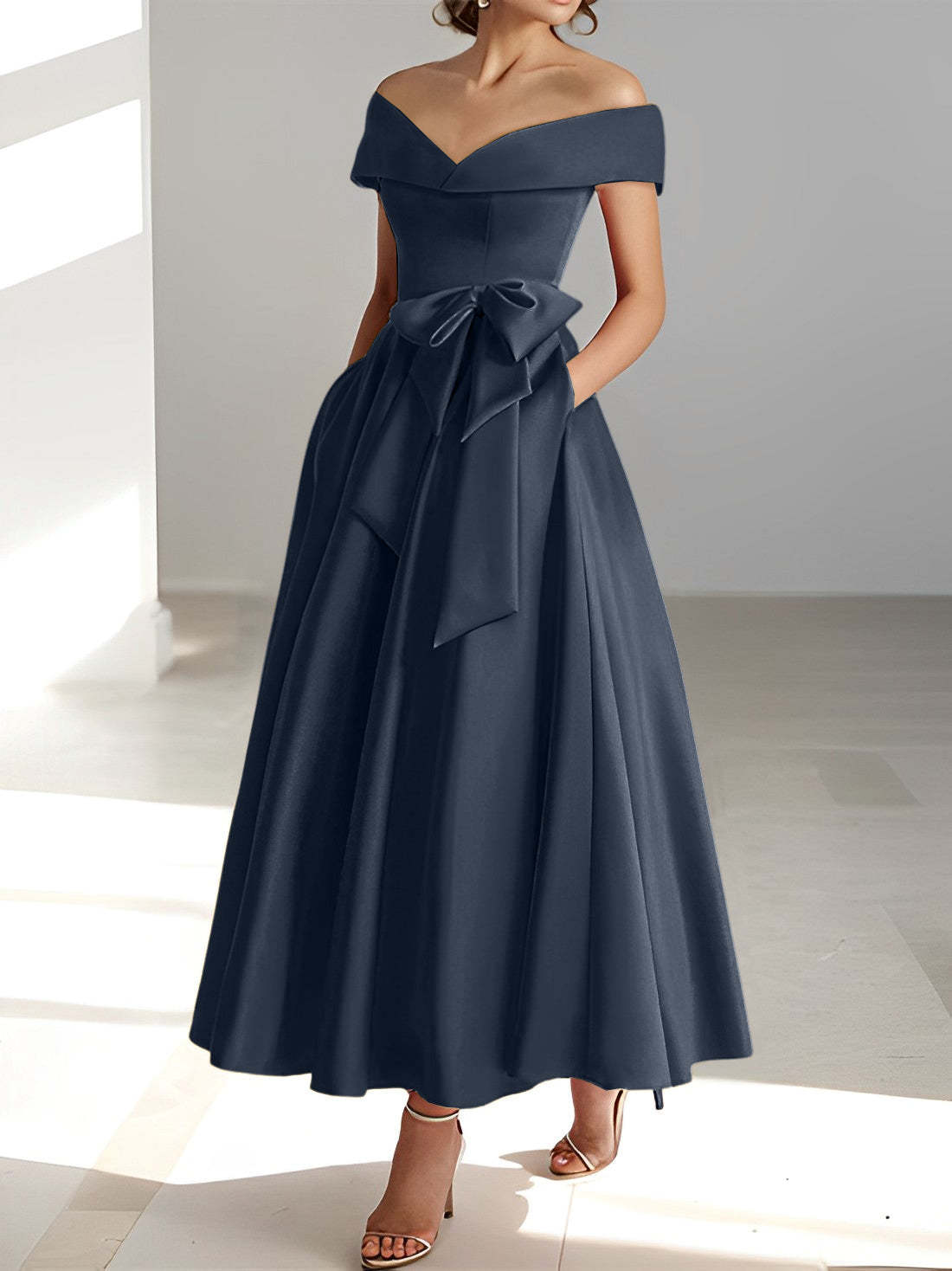 Princess A-Line Sleeveless Off-the-Shoulder Mother of the Bride Dress with Pockets Ankle-Length