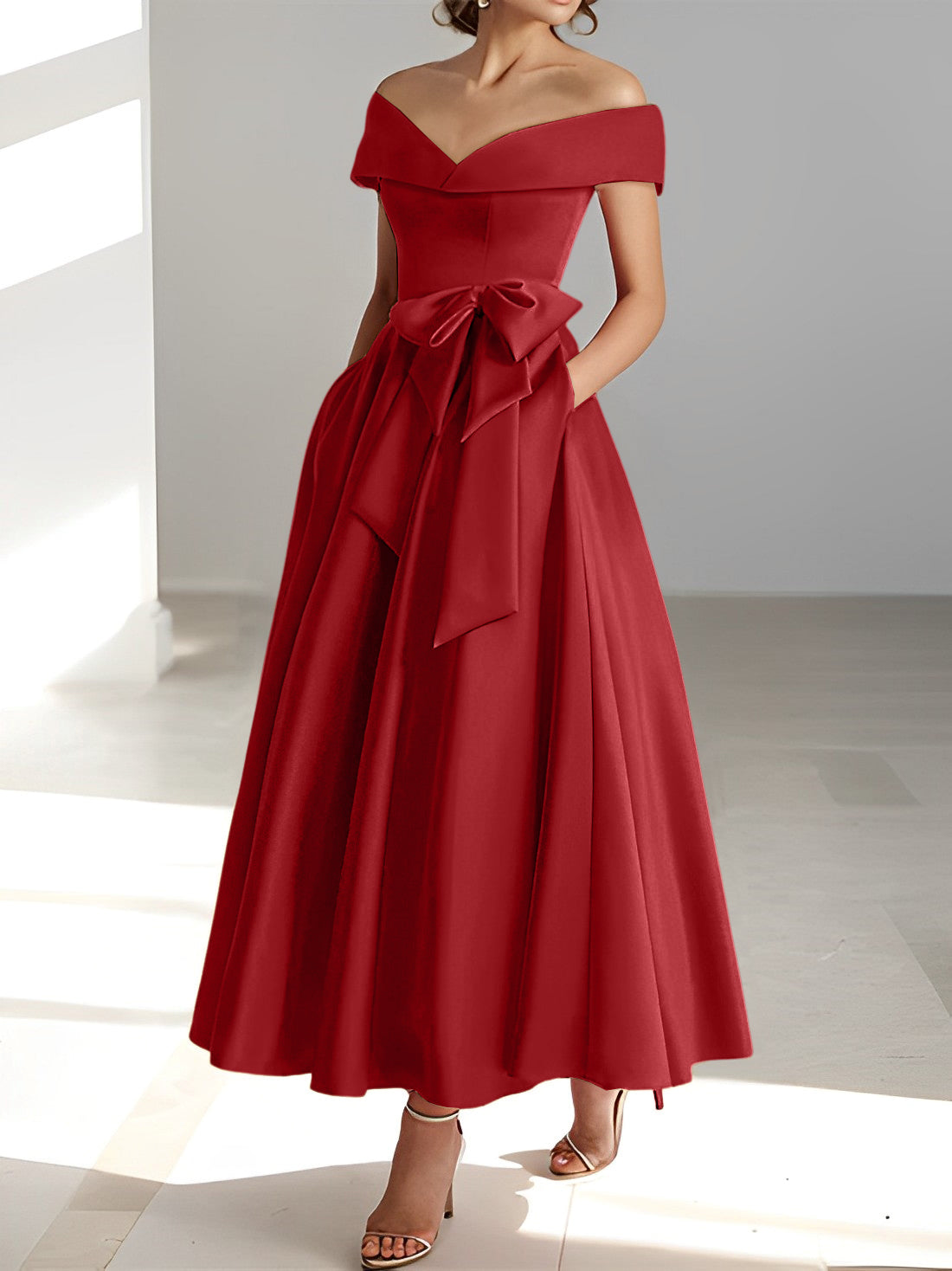 Princess A-Line Sleeveless Off-the-Shoulder Mother of the Bride Dress with Pockets Ankle-Length
