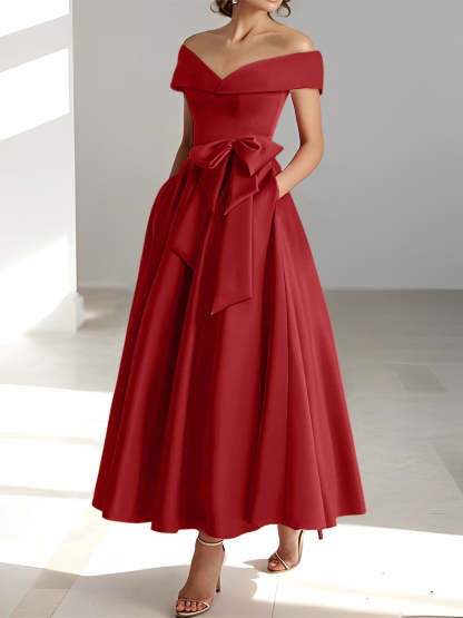 Princess A-Line Sleeveless Off-the-Shoulder Mother of the Bride Dress with Pockets Ankle-Length
