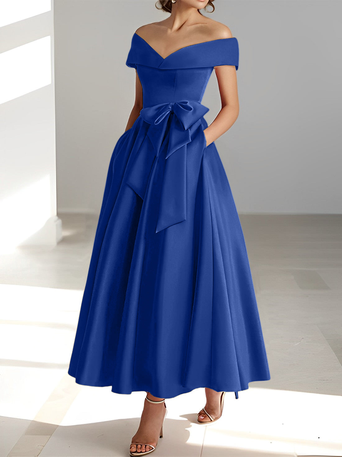 Princess A-Line Sleeveless Off-the-Shoulder Mother of the Bride Dress with Pockets Ankle-Length
