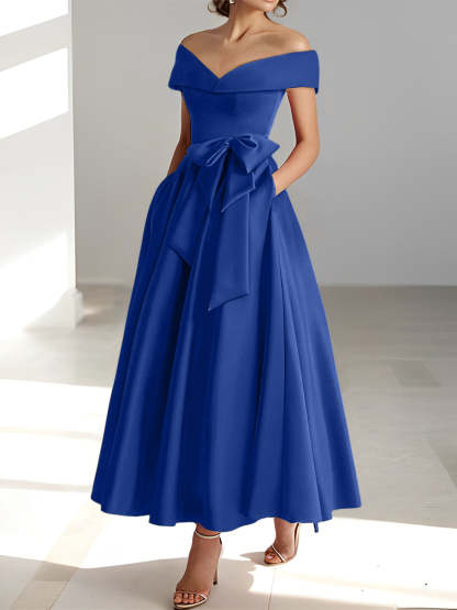 Princess A-Line Sleeveless Off-the-Shoulder Mother of the Bride Dress with Pockets Ankle-Length