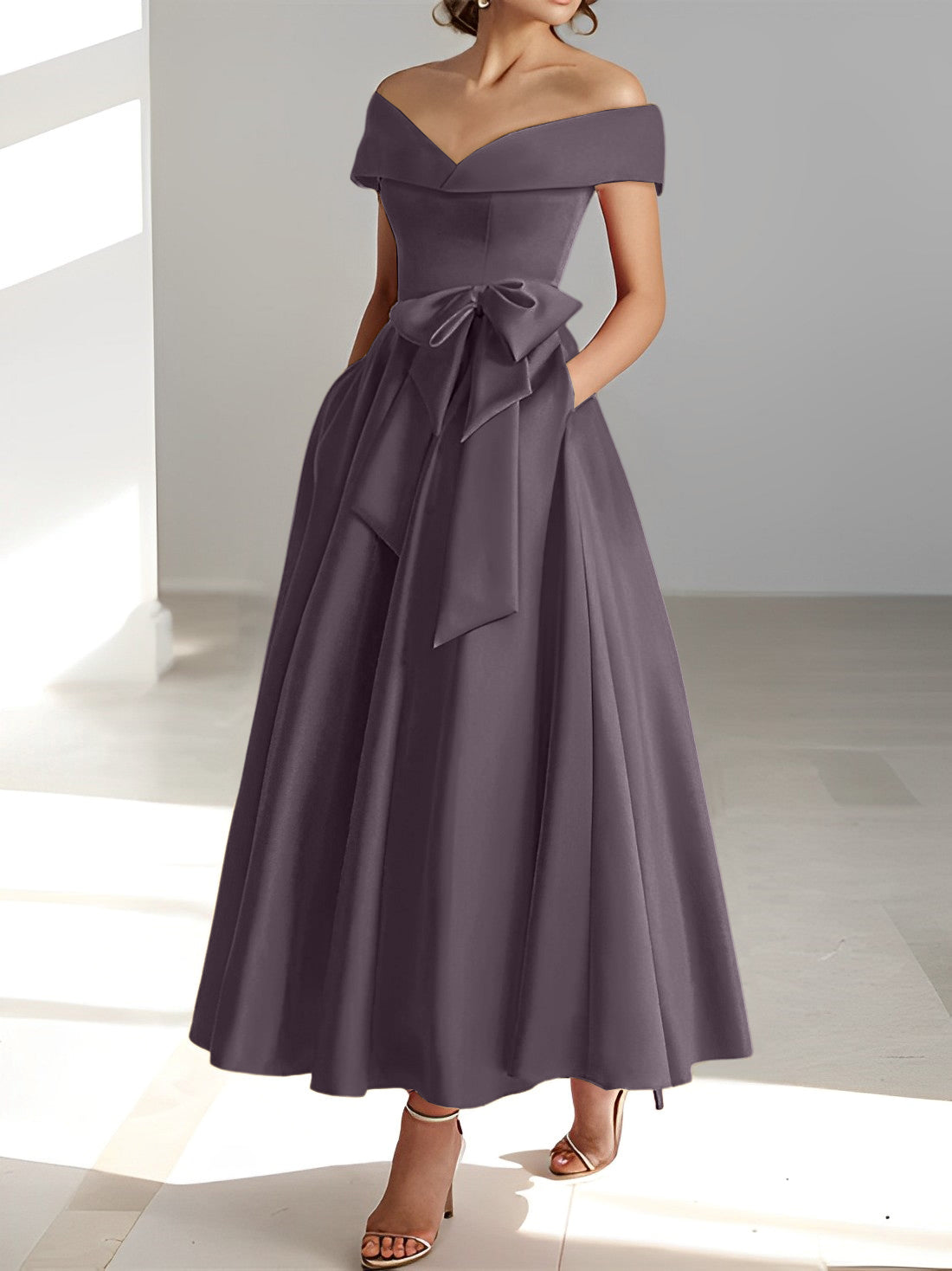 Princess A-Line Sleeveless Off-the-Shoulder Mother of the Bride Dress with Pockets Ankle-Length