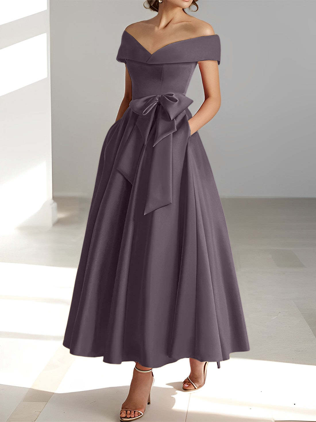 Princess A-Line Sleeveless Off-the-Shoulder Mother of the Bride Dress with Pockets Ankle-Length