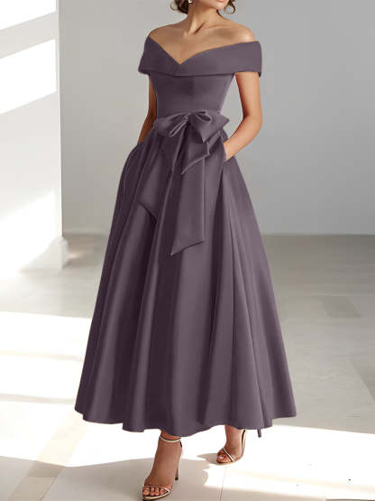 Princess A-Line Sleeveless Off-the-Shoulder Mother of the Bride Dress with Pockets Ankle-Length