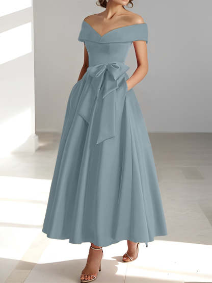 Princess A-Line Sleeveless Off-the-Shoulder Mother of the Bride Dress with Pockets Ankle-Length